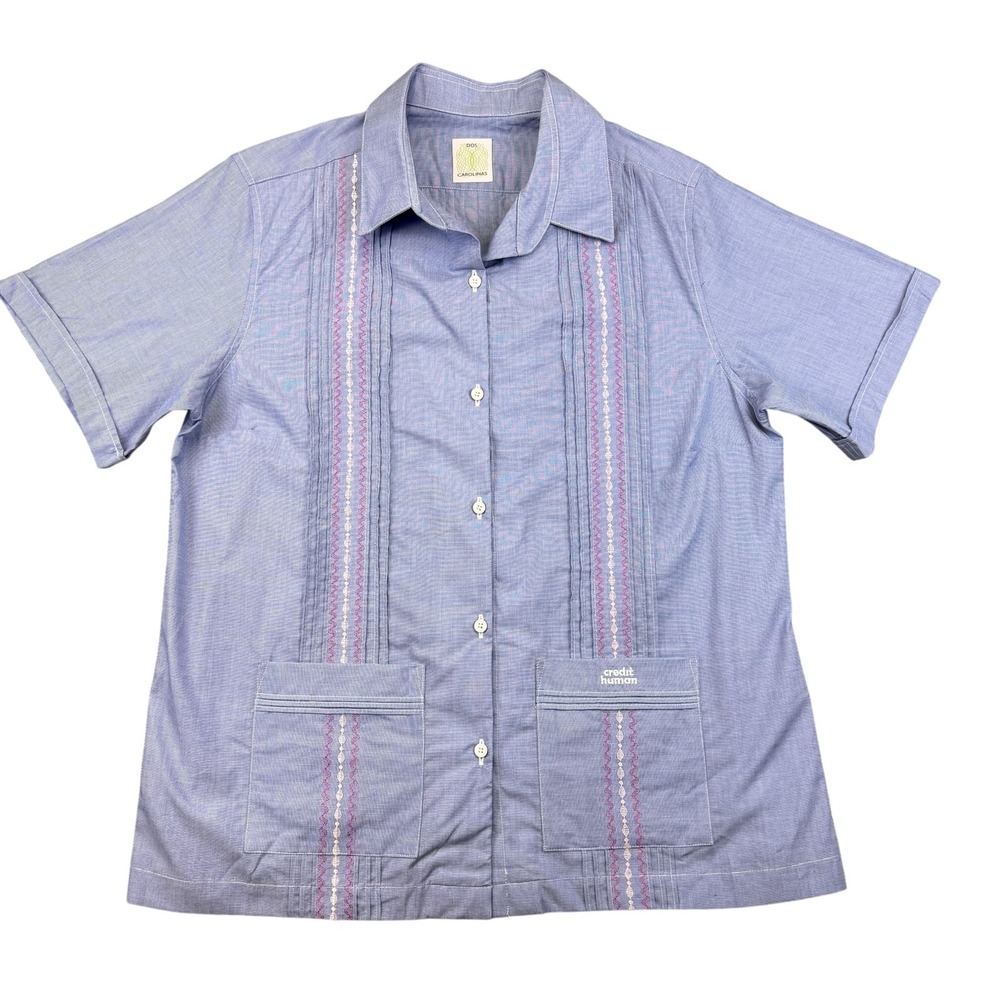 Dos Carolinas Shirt Womens Large Blue Striped Guayabera Embroidered Credit Human